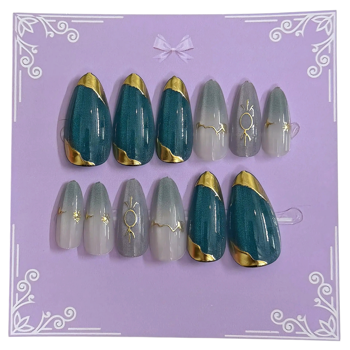 Teal Gold Foil Press-On Nails